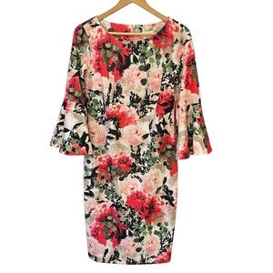 🌸 Floral Calvin Klein Print Sheath Dress with Bell Sleeves – Size 10